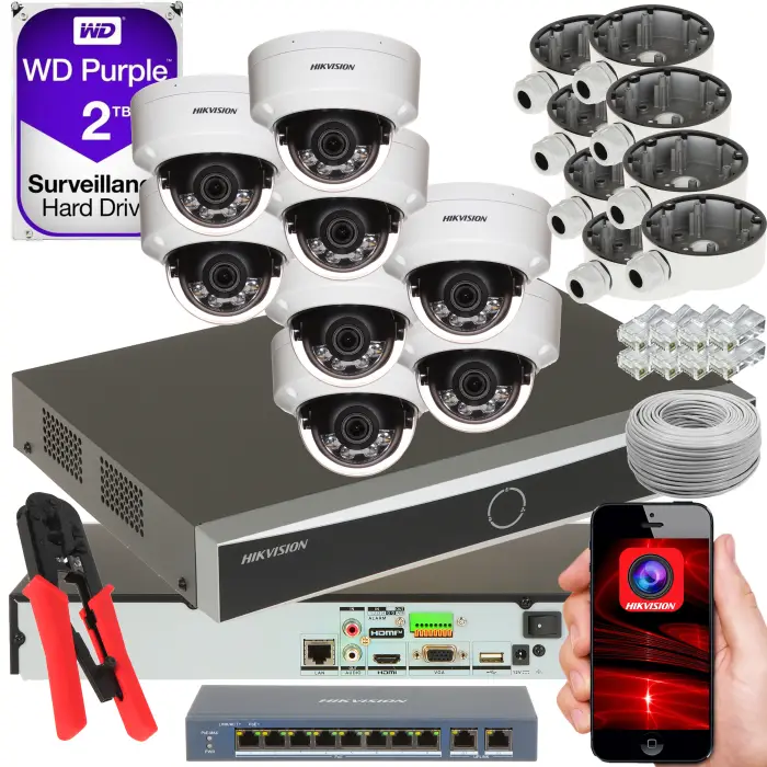 KOMPLETNY ZESTAW DO MONITORINGU IP HIKVISION 8 KAMER KOPUŁOWE WANDALOODPORNE 4MP + REJESTRATOR 8 KANAŁOWY + SWITCH POE + DYSK TWARDY